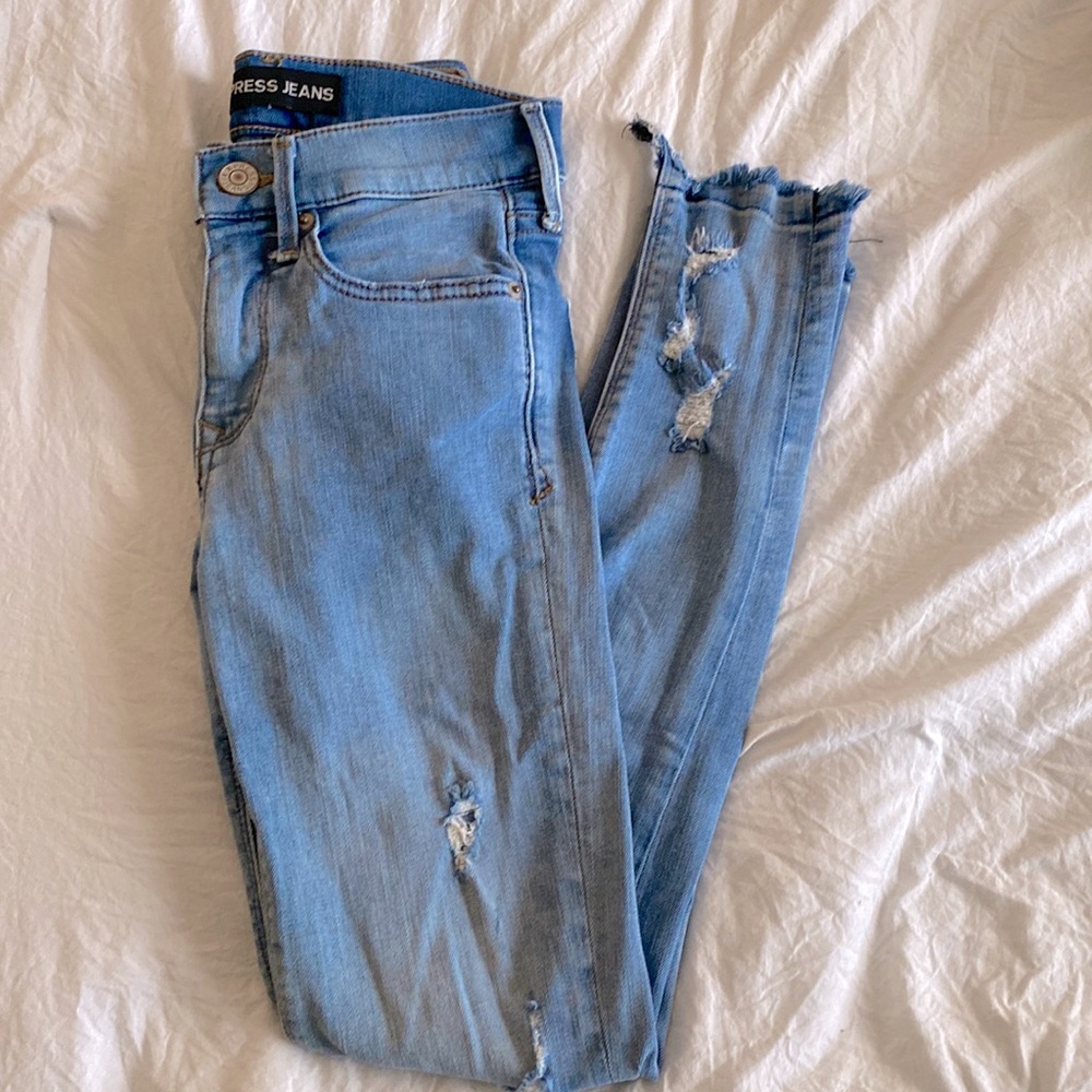Express Jeans Light Medium Wash Stretch Mid Rise Distressed Skinny Size 00R